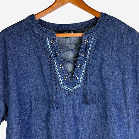 Lauren Ralph Lauren Denim Shift Dress 16W Embroidered Tasseled Knee Length - Picture 2 of 11